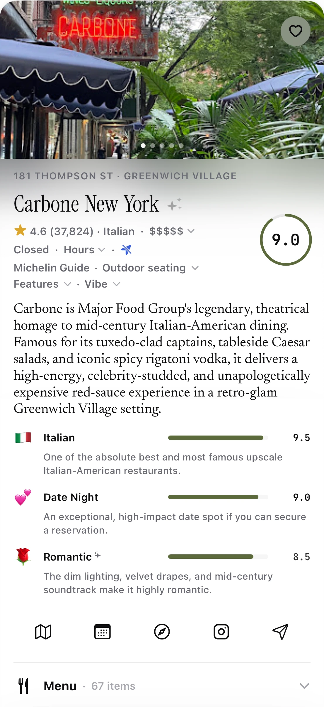 Mealio result card: Carbone New York, 9.0 — Italian 9.5, Date Night 9.0, Romantic 8.5, each with its reasoning